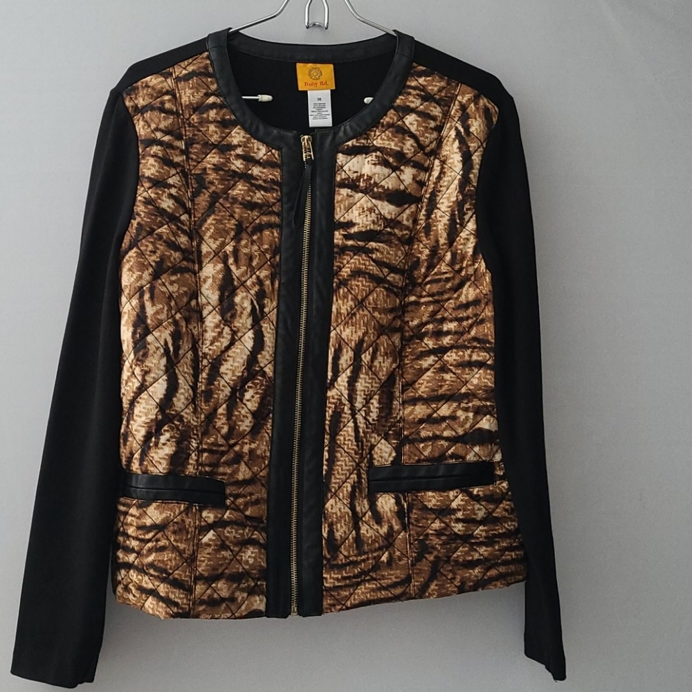 JACKET BLACK/ANIMAL PRINT FAUX LEATHER TRIM SZ 14